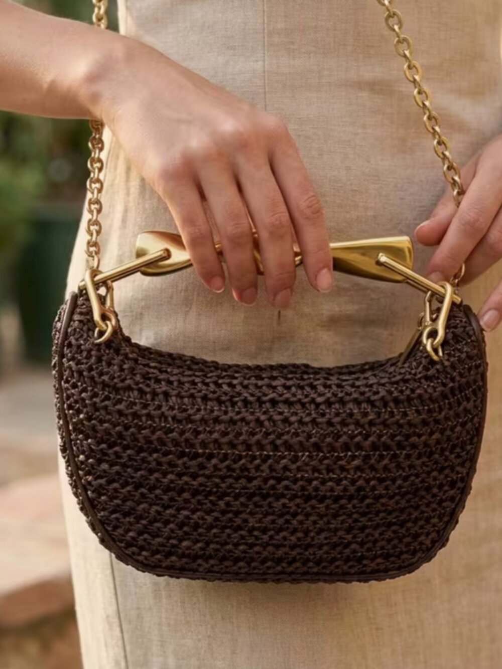 Brown Woven Shoulder Bag with Gold Chain Strap